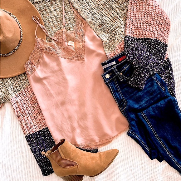 ☃️BOGO50%☃️🆕🩷HYFVE: SAGE/MAUVE/NAVY Color Block Chunky Knit Cardigan SM MED - Picture 4 of 4